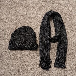 Girls beanie hat and scarf black with shimmer metallic silver thread